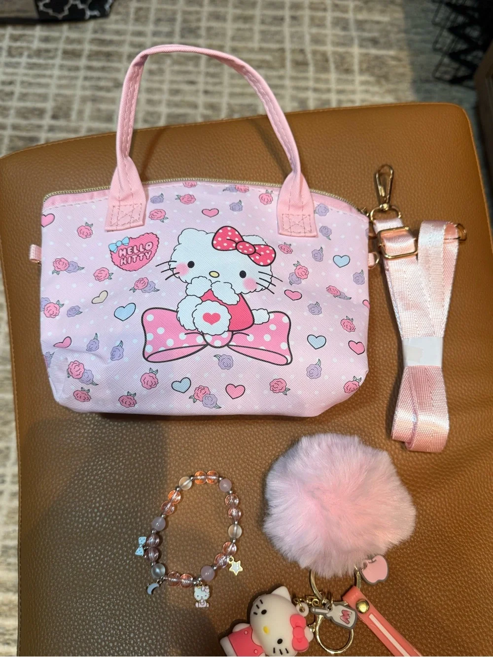 Hello Kitty Pink Crossbody Bag with Pom Pom Keychain Set and bracelet new